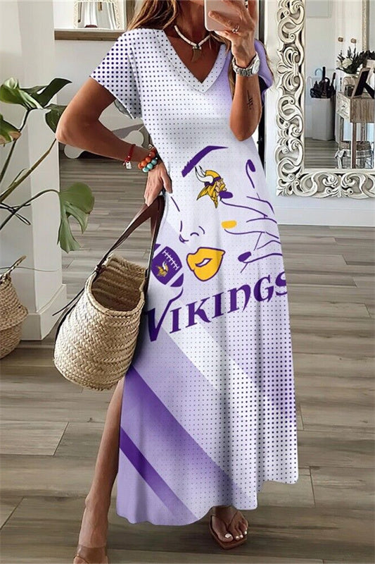 Minnesota Vikings V-Neck Side Slit Long Dress AZBTVSD000481