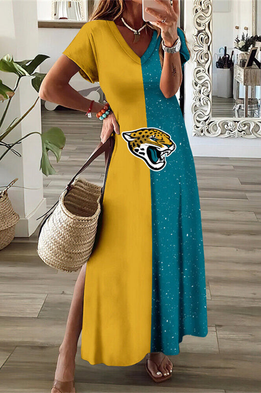 Jacksonville Jaguars V-Neck Side Slit Long Dress AZBTVSD000339