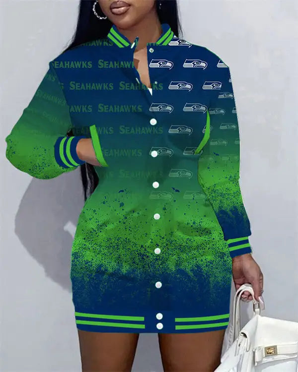 Seattle Seahawks Women Button Down Jacket Dress AZBTBDJD000145