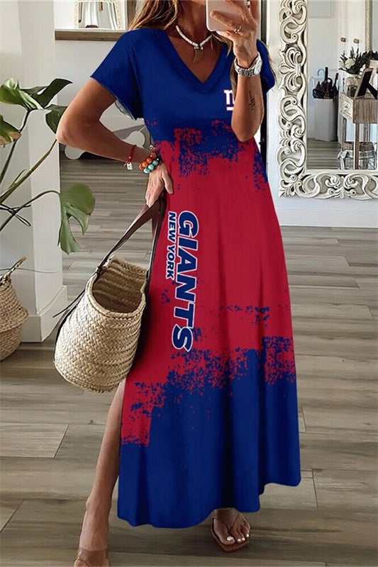 New York Giants V-Neck Side Slit Long Dress AZBTVSD000358
