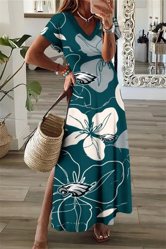 Philadelphia Eagles V-Neck Side Slit Long Dress AZBTVSD000346