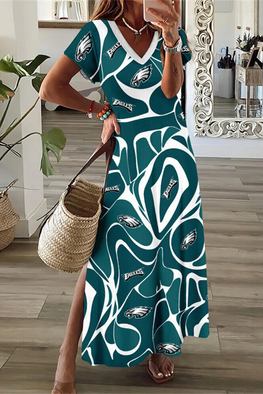 Philadelphia Eagles V-Neck Side Slit Long Dress AZBTVSD000189