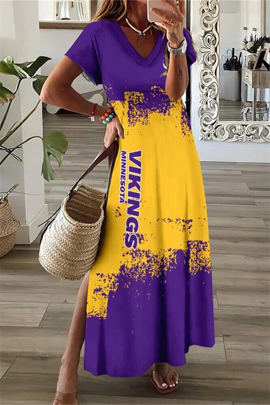 Minnesota Vikings V-Neck Side Slit Long Dress AZBTVSD000475
