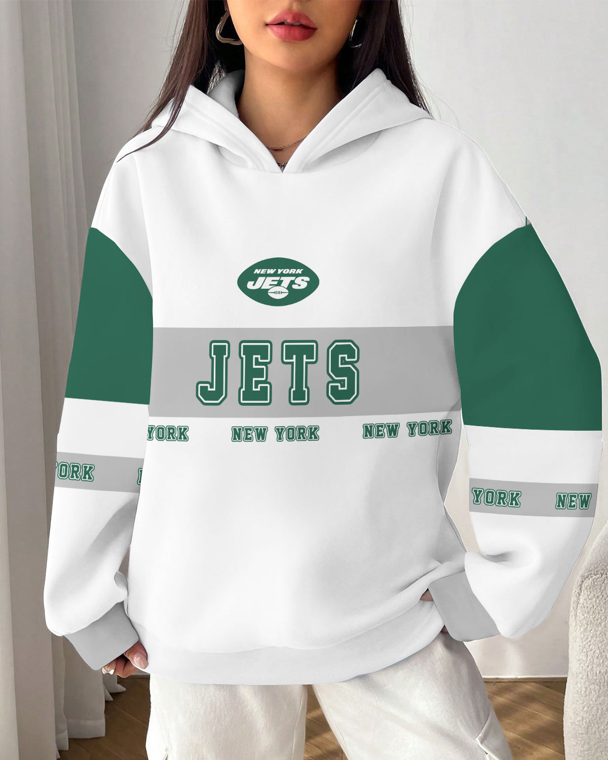 New York Jets Printed Hooded Pocket Pullover Hoodie AZBTPH000105