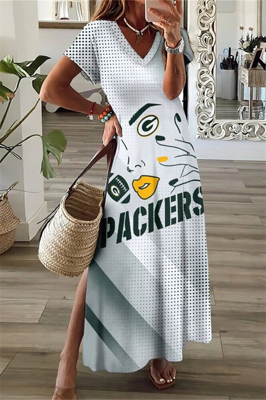 Green Bay Packers V-Neck Side Slit Long Dress AZBTVSD000327