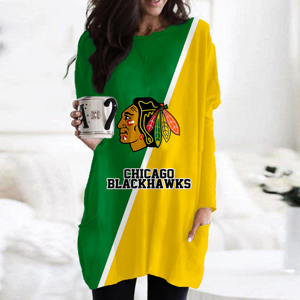 Chicago Blackhawks Casual Long Sleeve Pocket Dress AZBTLSPD000077