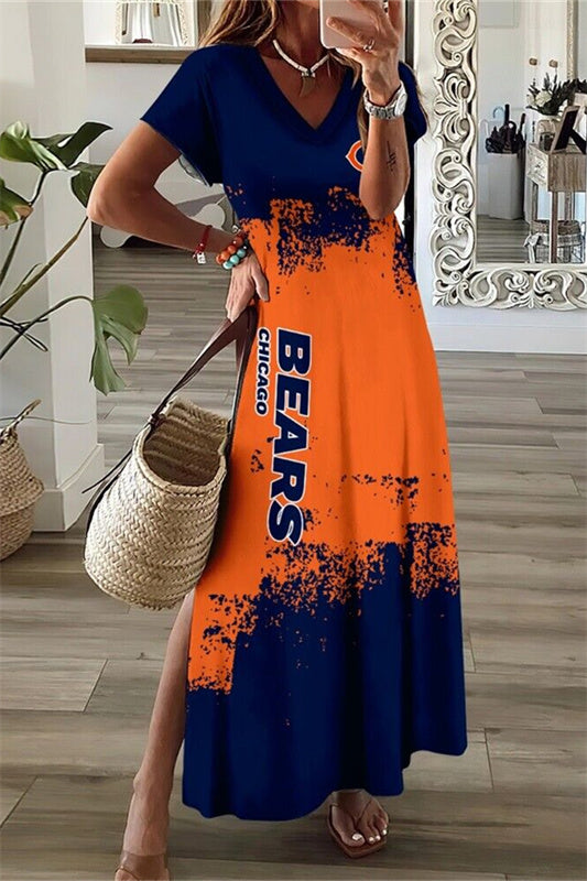 Chicago Bears V-Neck Side Slit Long Dress AZBTVSD000439