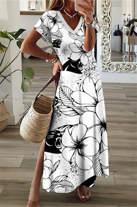 Carolina Panthers V-Neck Side Slit Long Dress AZBTVSD000364