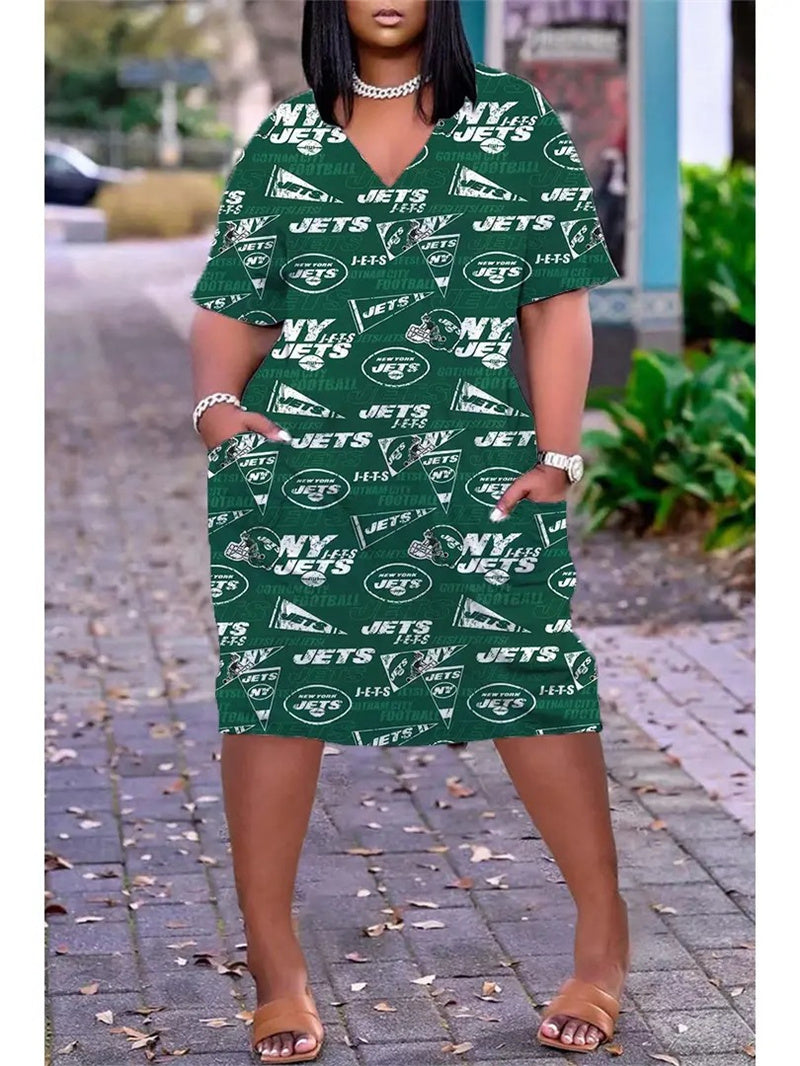 New York Jets V-neck Casual Pocket Dress Limited Edition AZBTVCPD000193