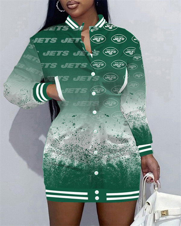New York Jets Women Button Down Jacket Dress AZBTBDJD000113