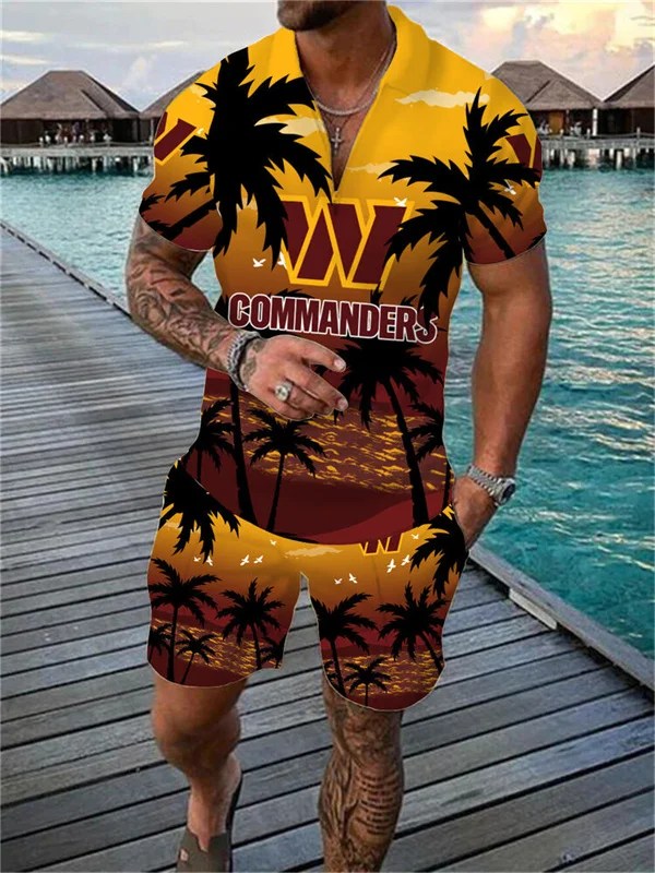 Washington Commanders Zip Polo Shirt And Shorts Men AZPLZ240
