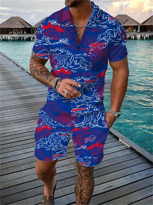 Buffalo Bills Zip Polo Shirt And Shorts Men AZPLZ163