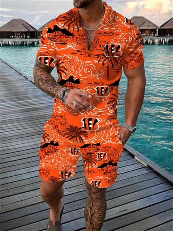 Cincinnati Bengals Zip Polo Shirt And Shorts Men AZPLZ191