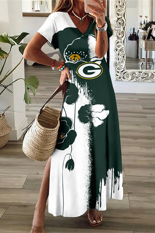 Green Bay Packers V-Neck Side Slit Long Dress AZBTVSD000487