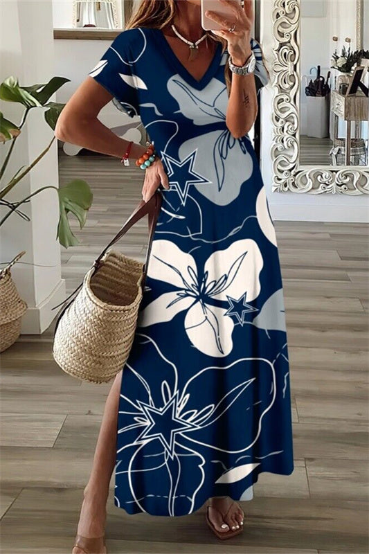 Dallas Cowboys V-Neck Side Slit Long Dress AZBTVSD000432