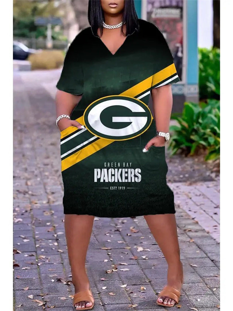 Green Bay Packers V-neck Casual Pocket Dress Limited Edition AZBTVCPD000322