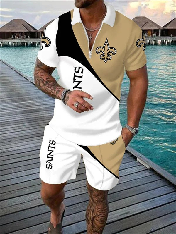 New Orleans Saints Zip Polo Shirt And Shorts Men AZPLZ005