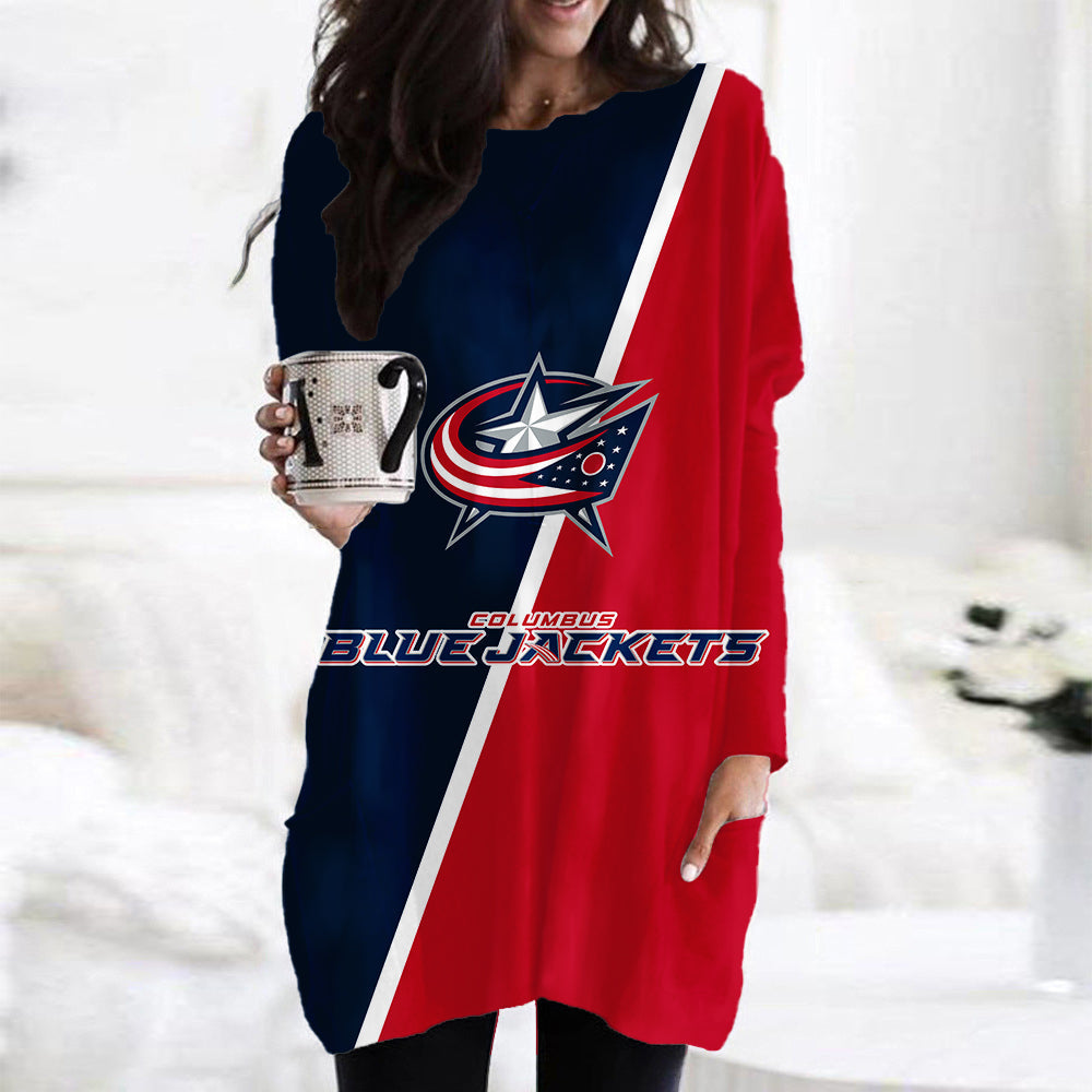 Columbus Blue Jackets Casual Long Sleeve Pocket Dress AZBTLSPD000094