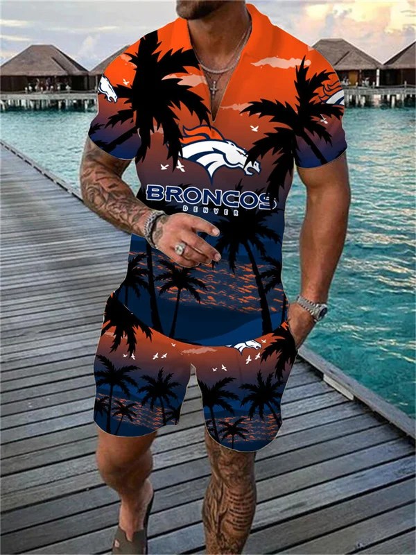 Denver Broncos Zip Polo Shirt And Shorts Men AZPLZ202
