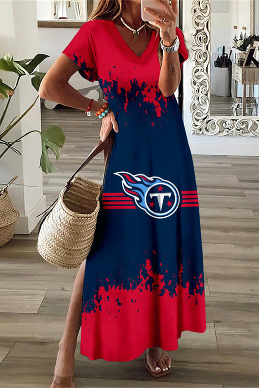 Tennessee Titans V-Neck Side Slit Long Dress AZBTVSD000007