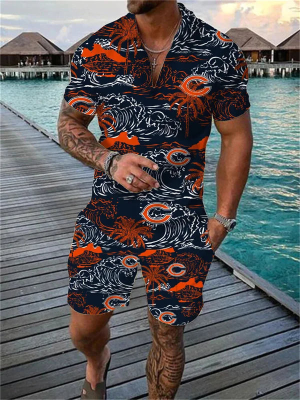 Chicago Bears Zip Polo Shirt And Shorts Men AZPLZ120