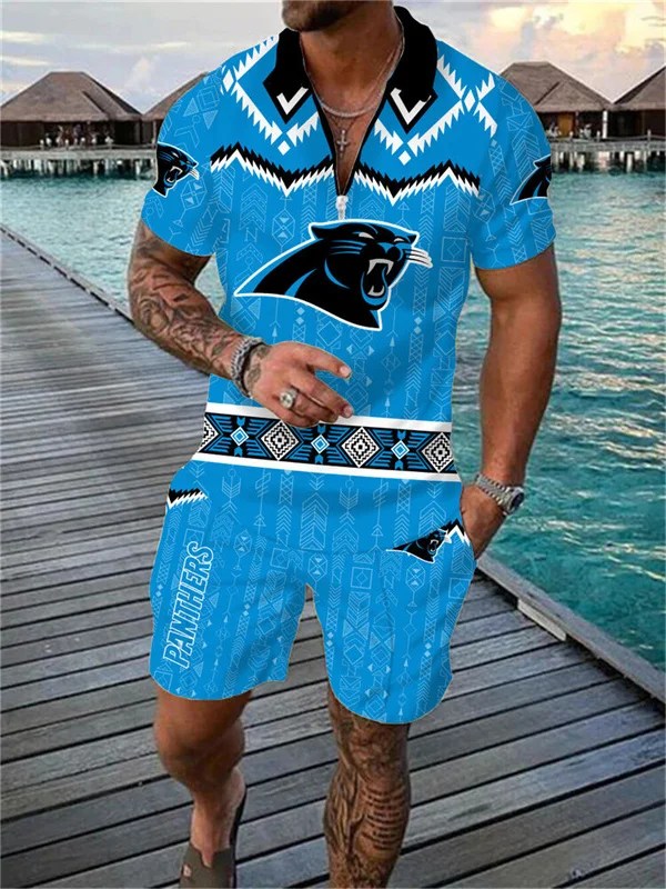 Carolina Panthers Zip Polo Shirt And Shorts Men AZPLZ251