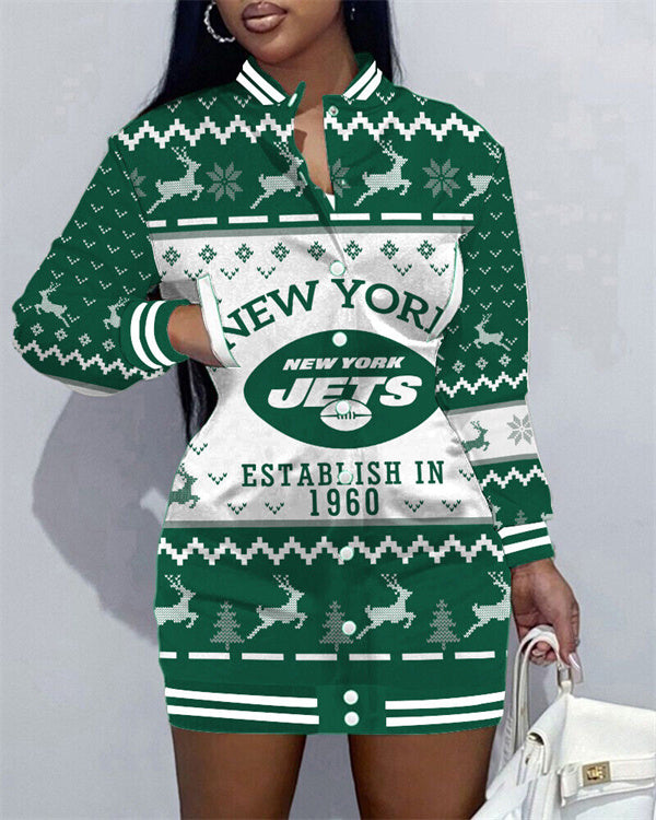 New York Jets Women Button Down Jacket Dress AZBTBDJD000327