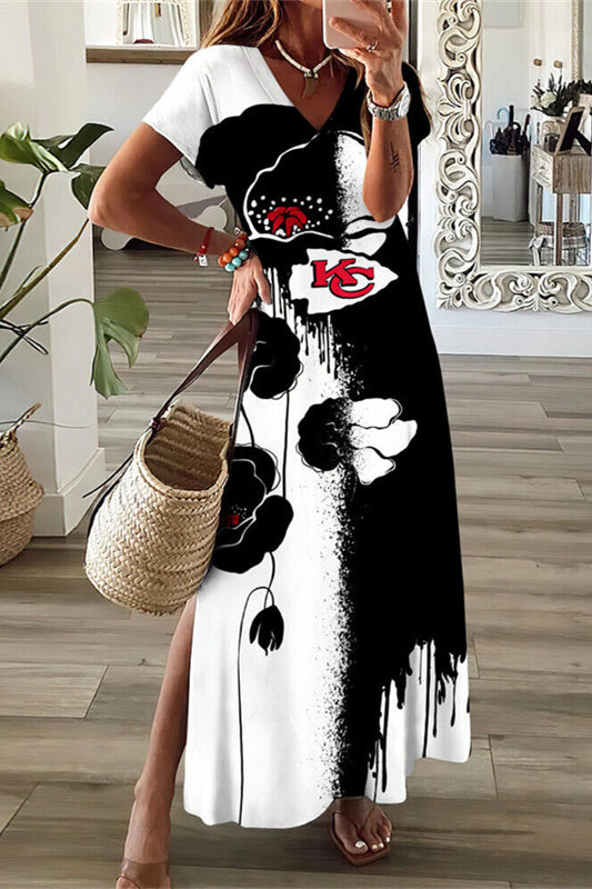 Kansas City Chiefs V-Neck Side Slit Long Dress AZBTVSD000011