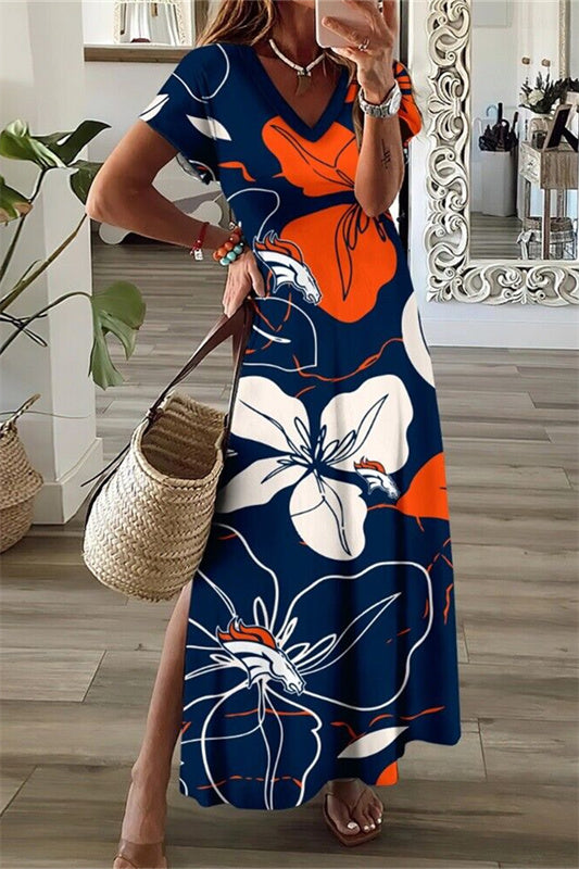Denver Broncos V-Neck Side Slit Long Dress AZBTVSD000003