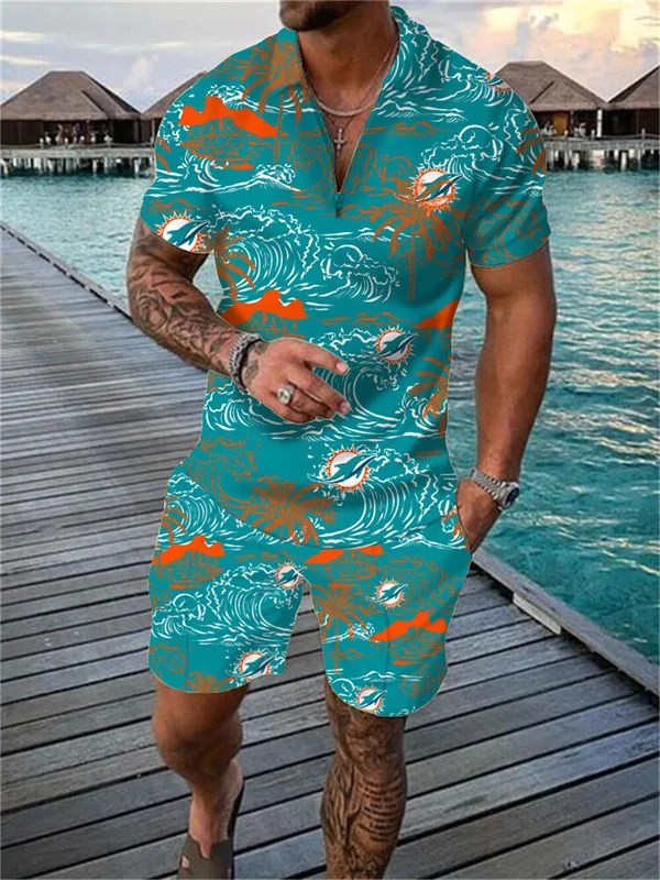 Miami Dolphins Zip Polo Shirt And Shorts Men AZPLZ139