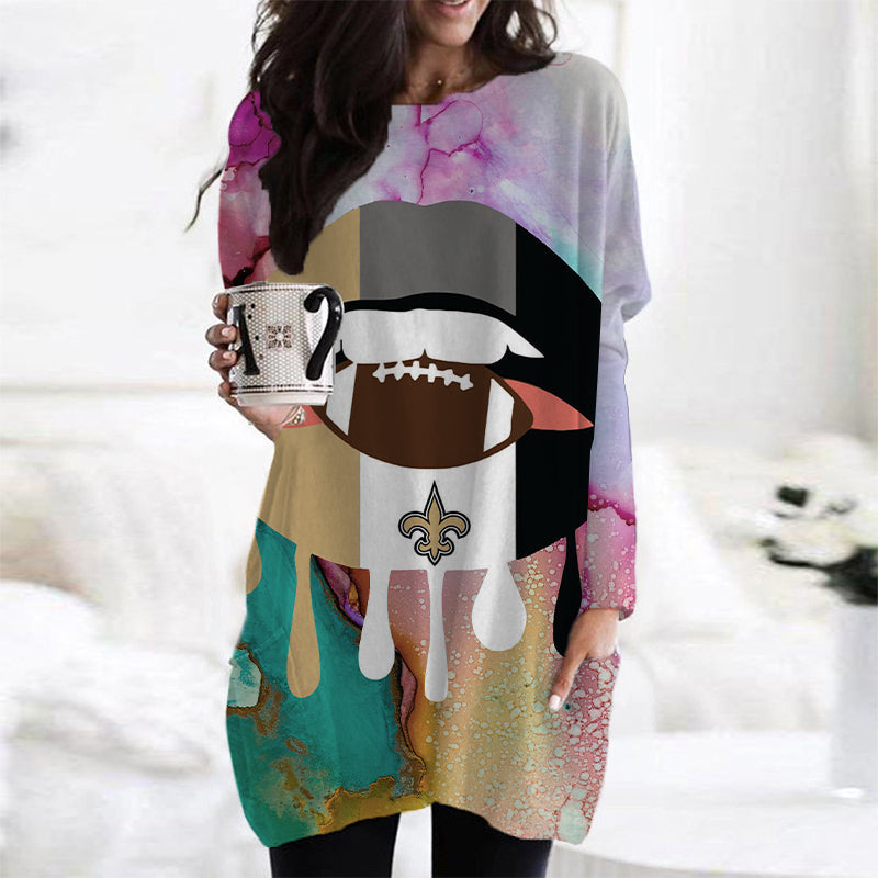 New Orleans Saints Casual Long Sleeve Pocket Dress AZBTLSPD000055