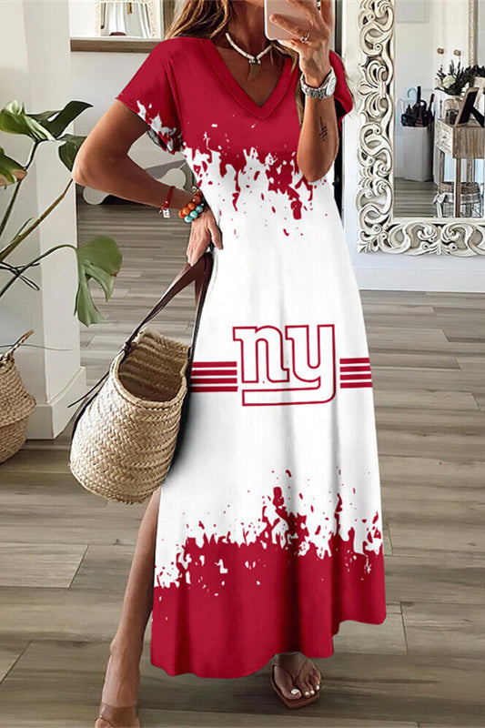 New York Giants V-Neck Side Slit Long Dress AZBTVSD000207