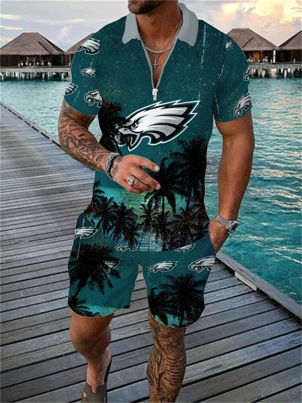 Philadelphia Eagles Zip Polo Shirt And Shorts Men AZPLZ101