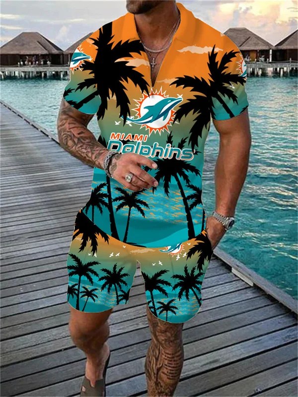 Miami Dolphins Zip Polo Shirt And Shorts Men AZPLZ143
