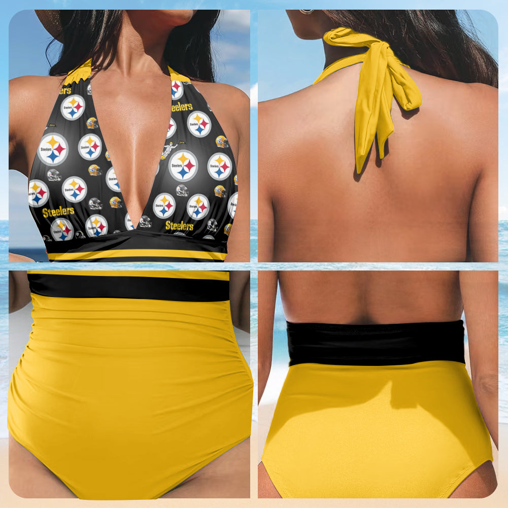 Pittsburgh Steelers Printed Halter Neck One piece Swimsuit 002