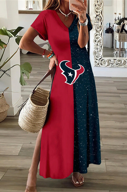 Houston Texans V-Neck Side Slit Long Dress AZBTVSD000286
