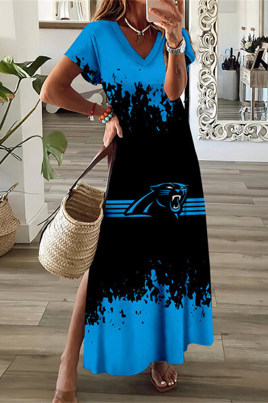 Carolina Panthers V-Neck Side Slit Long Dress AZBTVSD000214