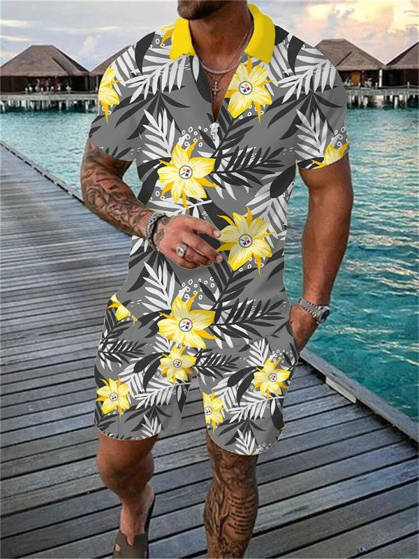 Pittsburgh Steelers Zip Polo Shirt And Shorts Men AZPLZ106