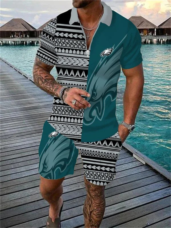 Philadelphia Eagles Zip Polo Shirt And Shorts Men AZPLZ096
