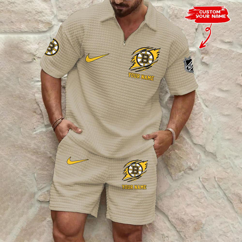 Boston Bruins Men’s Waffle Pattern Half Zipper Shirt And Shorts AZBT2DWSS000018