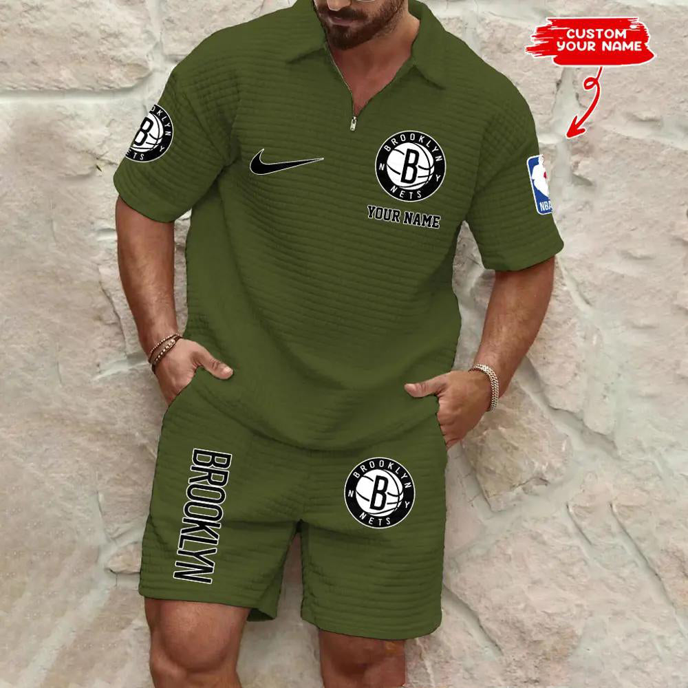Brooklyn Nets Men’s Waffle Pattern Half Zipper Shirt And Shorts AZBT2DWSS000021
