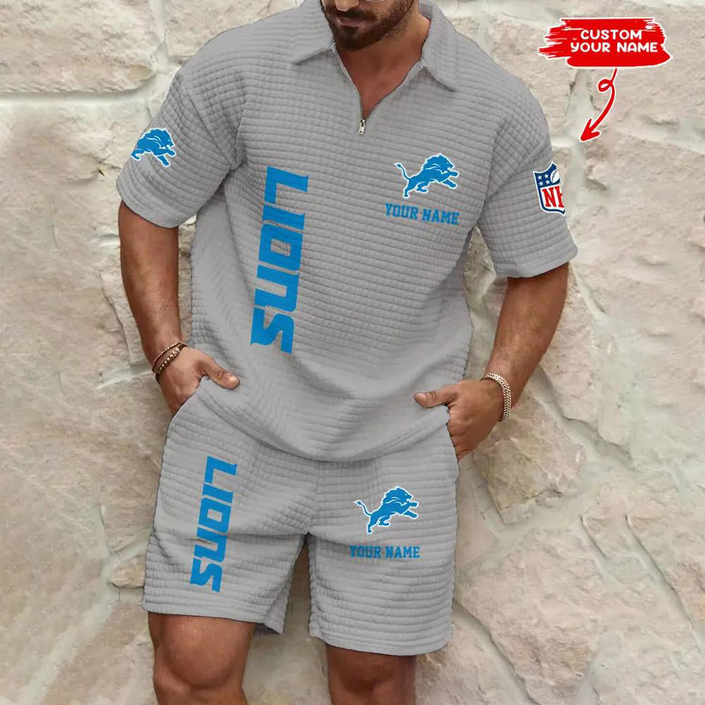 Detroit Lions Men’s Waffle Pattern Half Zipper Shirt And Shorts AZBT2DWSS000068