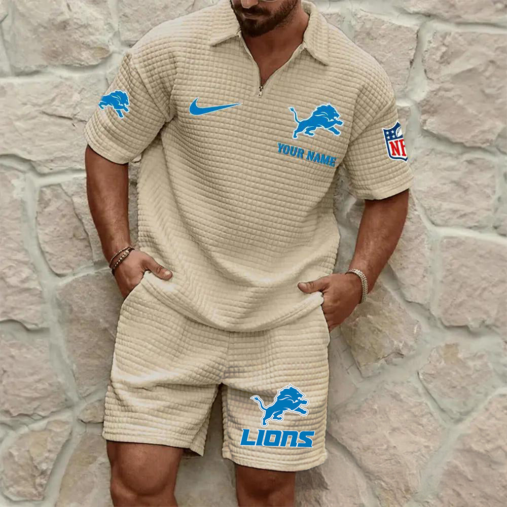 Detroit Lions Men’s Waffle Pattern Half Zipper Shirt And Shorts AZBT2DWSS000069