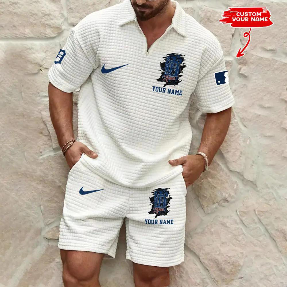 Detroit Tigers Men’s Waffle Pattern Half Zipper Shirt And Shorts AZBT2DWSS000073