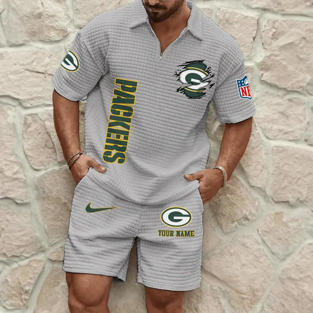 Green Bay Packers Men’s Waffle Pattern Half Zipper Shirt And Shorts AZBT2DWSS000080