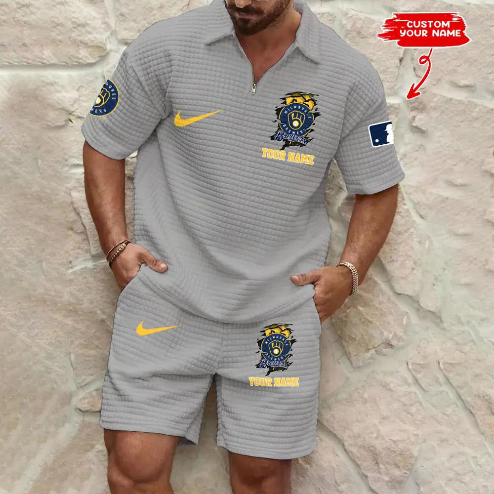 Milwaukee Brewers Men’s Waffle Pattern Half Zipper Shirt And Shorts AZBT2DWSS000124