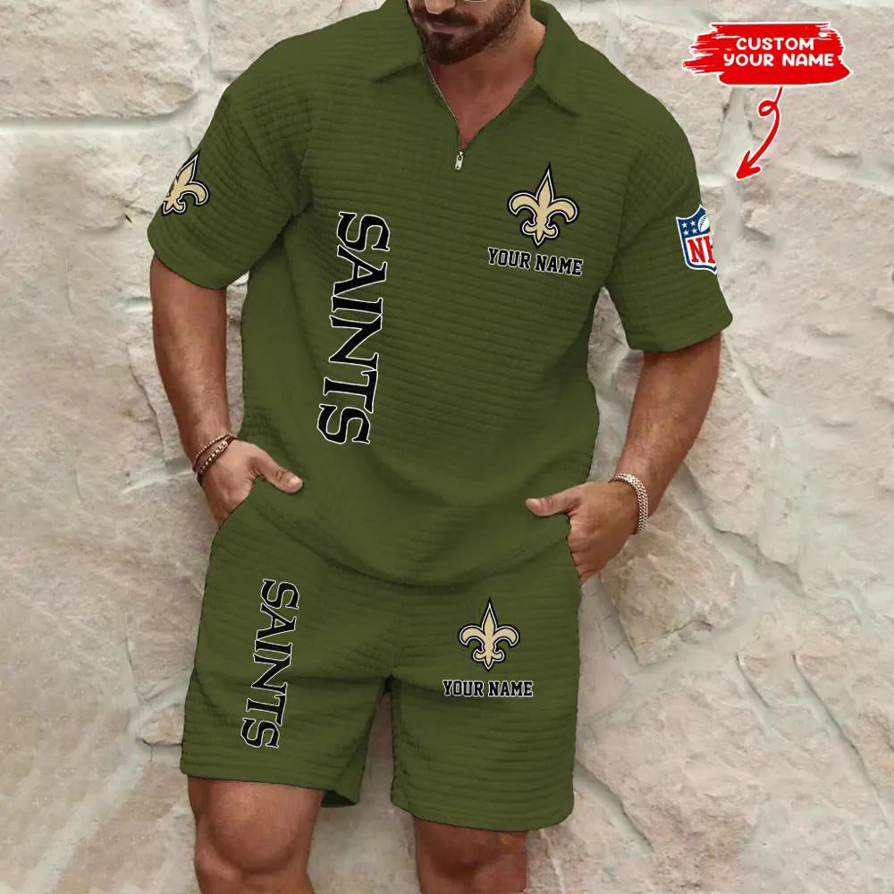 New Orleans Saints Men’s Waffle Pattern Half Zipper Shirt And Shorts AZBT2DWSS000140