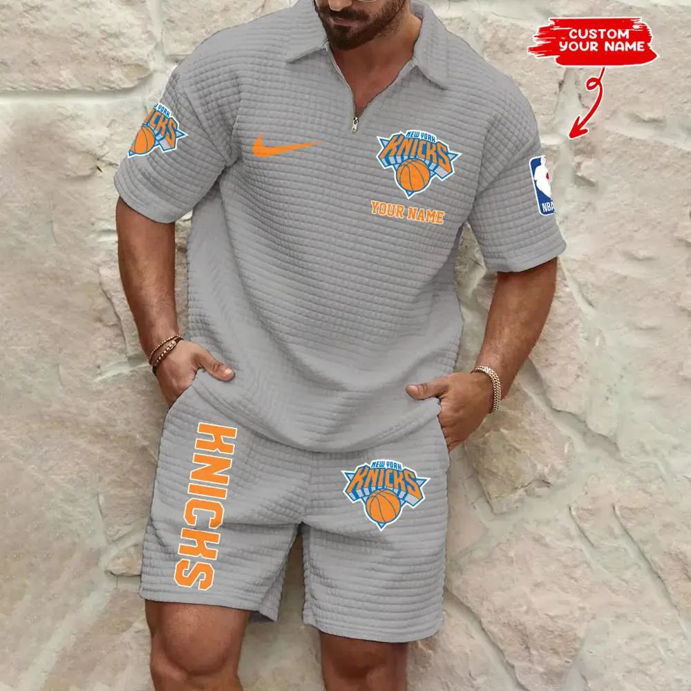 New York Knicks Men’s Waffle Pattern Half Zipper Shirt And Shorts AZBT2DWSS000152
