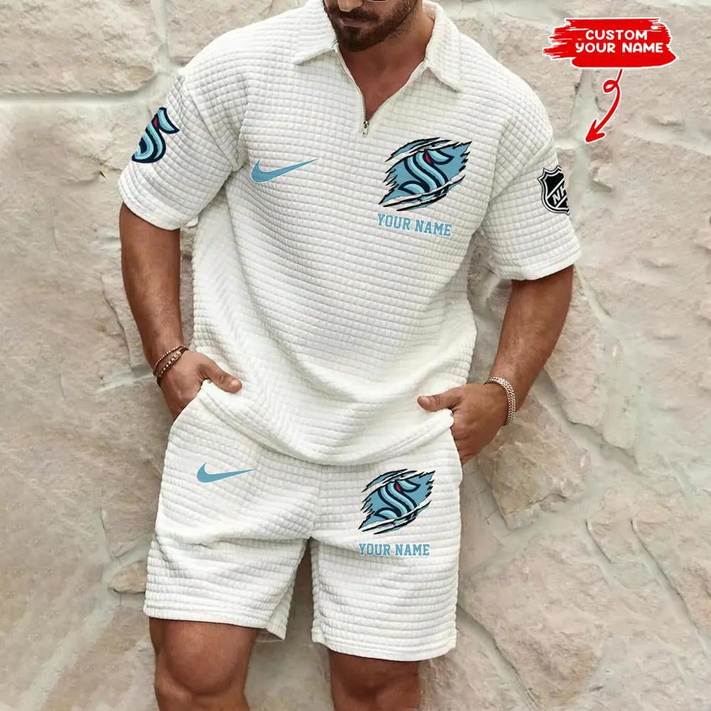 Seattle Kraken Men’s Waffle Pattern Half Zipper Shirt And Shorts AZBT2DWSS000177
