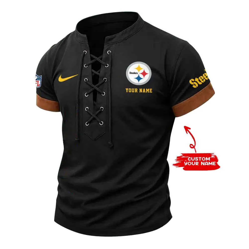 Pittsburgh Steelers Retro Lace-up Short Sleeve T-shirt New Trending 2025 AZBTLUTS000063
